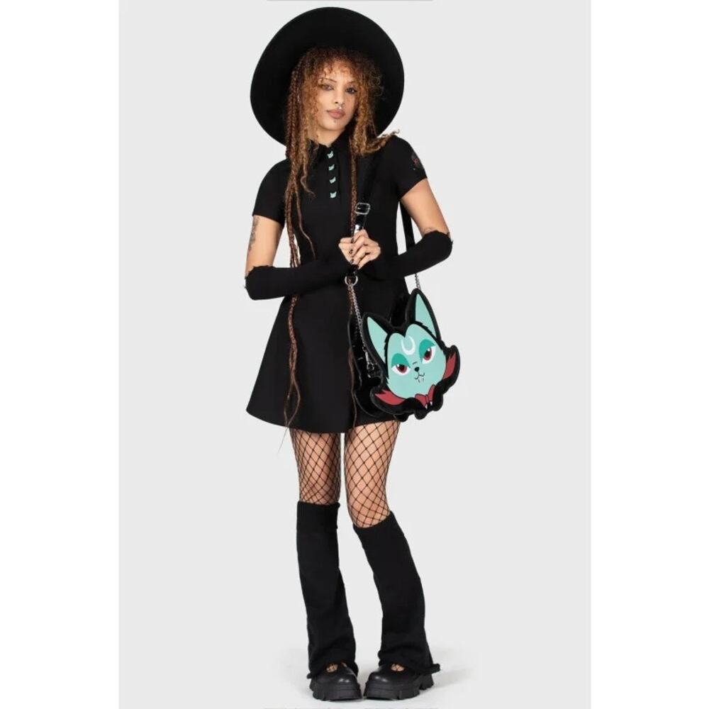 New Killstar Lil Vampurr Mini Shirt Dress Black Front Button Short Sleeve Sz XL